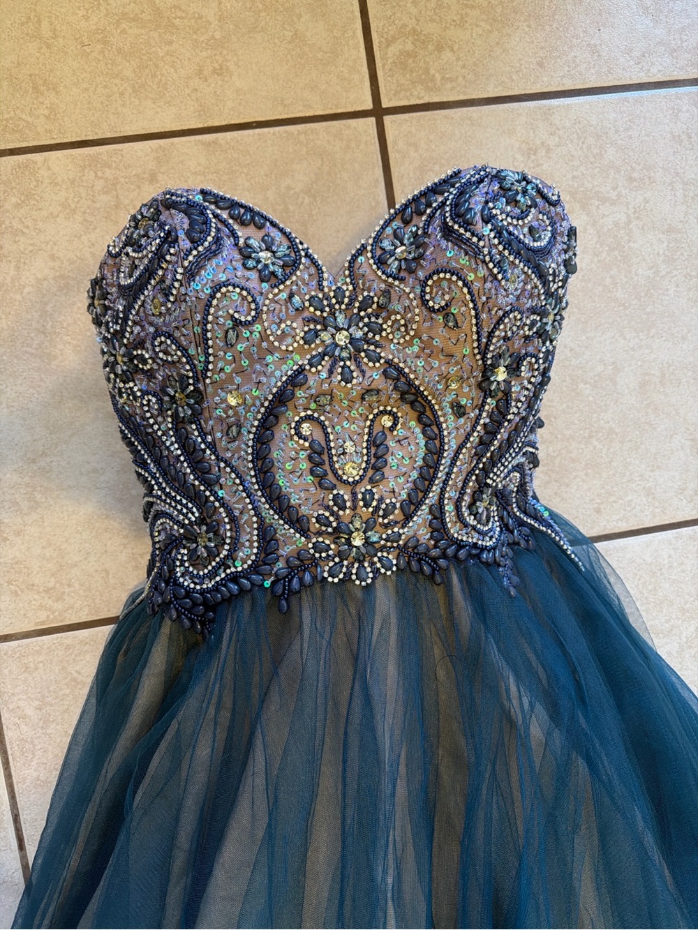 Teal Beaded Strapless Tulle Prom Gown Formal Dress Fairycore - Picture 4 of 13
